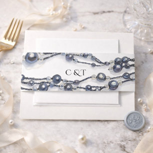 Navy Blau Perlmutt Aquarell Hochzeitsmonogramm Einladungsbanderole