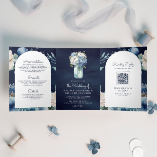 Navy Blau Pfingstrose Mason Glas QR Code Hochzeit Dreifach Gefaltete Einladung
