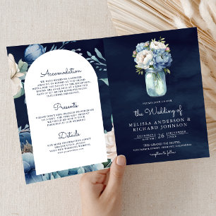 Navy Blau Pfingstrose Mason Glas QR Code Hochzeit Einladung