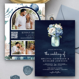 Navy Blau Pfingstrose Mason Glas QR Code Hochzeit Einladung