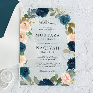 Navy Blau Pfirsich Blumen Muslimische Hochzeit Acryleinladungen