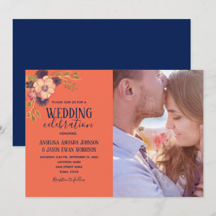 Navy Blau Pfirsich Rosa Florale Foto Hochzeit Einladung