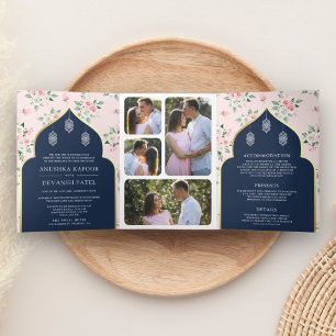 Navy Blau Pink Blumen Einteiler Indische Hochzeit Dreifach Gefaltete Einladung
