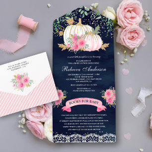 Navy Blau Pink Gold Blumen Kürbis Baby Shower All In One Einladung