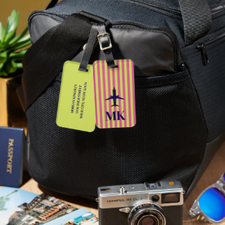 Navy Blau Pink Lime Flugzeug Gestreift Monogrammie Gepäckanhänger