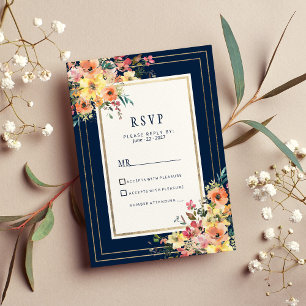Navy Blau Pink Orange Gold Blumen Frühling RSVP Einladung
