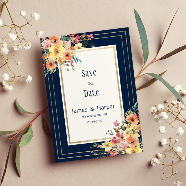 Navy Blau Pink Orange Gold Blumen Save the Date Einladung (Navy blue pink orange gold floral Save the Date)