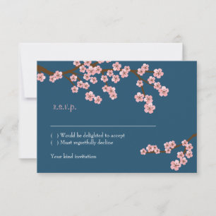 Navy Blau & Pinke Kirschblüten Hochzeit im Frühlin RSVP Karte