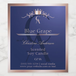 Navy Blau Produktlabel Rose Gold Rahmen Monogramm Weinetikett