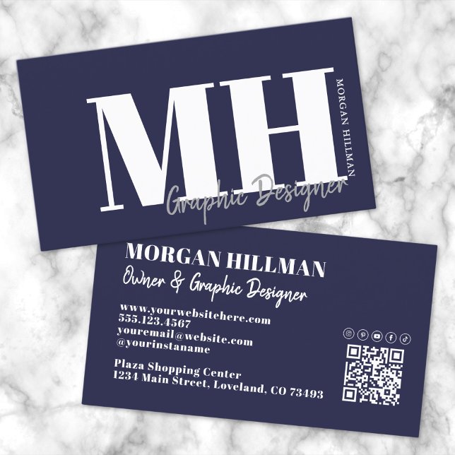 Navy Blau QR Code Einfaches Monogramm Visitenkarte (Navy Blue QR Code Simple Monogram Business Card )