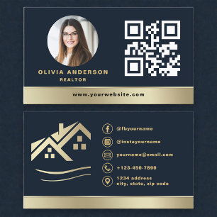 Navy Blau QR Code Gold Haus Immobilien Makler Visitenkarte