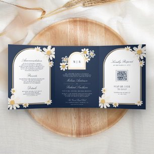 Navy Blau Retro Gelbe Gänseblume Brautkleid Dreifach Gefaltete Einladung