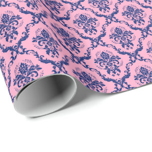 Navy Blau & Rosa Blumen-Damaskus-Muster Geschenkpapier
