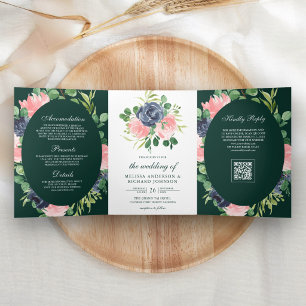 Navy-Blau-Rosa-Blumen-QR-Code-Smaragd-Hochzeit Dreifach Gefaltete Einladung