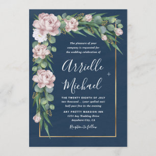 Navy Blau & Rosa Staubige Rosen Grün Gold Hochzeit Einladung