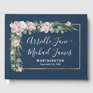 Navy Blau & Rosa Staubige Rosen Grün Gold Hochzeit Gästebuch
