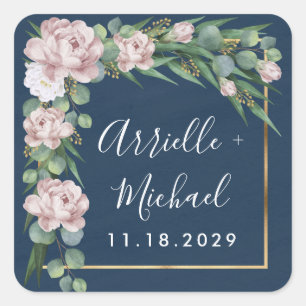 Navy Blau & Rosa Staubige Rosen Grün Gold Hochzeit Quadratischer Aufkleber