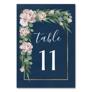 Navy Blau & Rosa Staubige Rosen Grün Gold Hochzeit Tischnummer