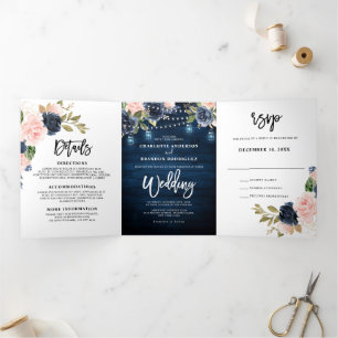 Navy Blau Rosafarben Lichterkette Trifold Hochzeit Dreifach Gefaltete Ankündigung