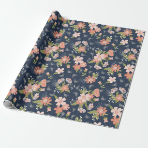 Navy Blau & Rosafarbenes Blumen- & Bienen-Geschenk Geschenkpapier