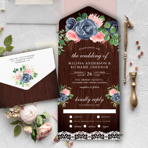 Navy Blau Rosafarbenes Florales Spitzen Scheunen H All In One Einladung