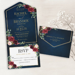 Navy-Blau-Rosé-Burgunder-Gold-Geometrie-Hochzeit All In One Einladung