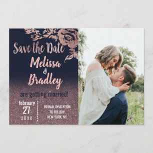 Navy Blau Rose Gold Glitter Blumen Save the Date Einladung