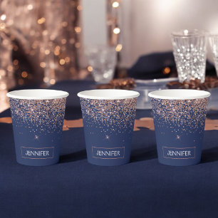 Navy Blau Rose Gold Glitter Monogramm Pappbecher