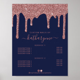 Navy Blau Rose Gold tropfende Glitter-Preisliste Poster