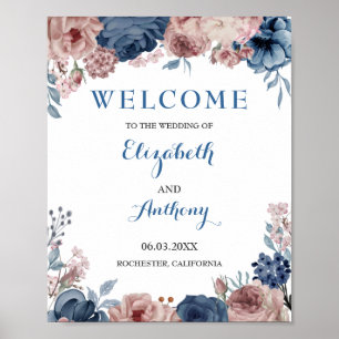 Navy Blau Rosé Mauve Aquarell Hochzeitskulisse Poster