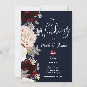 Navy Blau Rosé und Burgunder Florale Hochzeitseinl Einladung