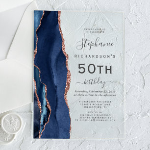 Navy Blau Roségold Achat 50. Geburtstagsfeier Acryleinladungen