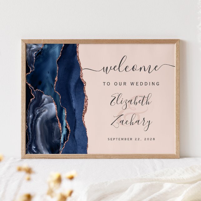 Navy Blau Roségold Achat Rosa Hochzeitsbegrüßung Poster (Von Creator hochgeladen)