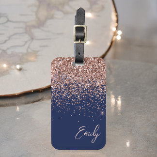 Navy Blau Roségold Blush Rosa Glitter Monogramm Gepäckanhänger