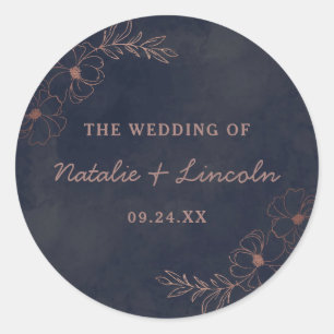 Navy Blau & Roségoldfolie Rustikale Hochzeit Runder Aufkleber