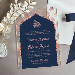 Navy Blau Rosen Gold Damast Bogen Muslimische Hoch Acryleinladungen