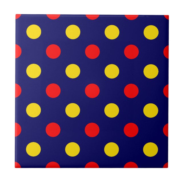 Navy Blau Rot Gelb Punkte Design  Fliese (Vorderseite)