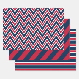 Navy Blau, Rot und Weiß Chevron- und Streifenmuste Geschenkpapier Set