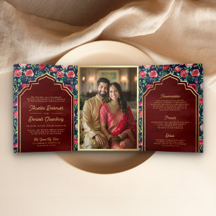 Navy Blau Rote Rosen Florale Goldene Indische Hoch Dreifach Gefaltete Einladung