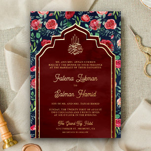 Navy Blau Rote Rosen Florale Muslimische Hochzeit Folieneinladung