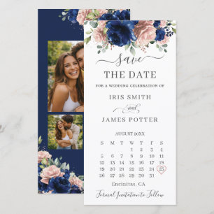 Navy-Blau-Rouge-Blumen-Fotokalender Hochzeit Save The Date