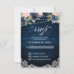 Navy Blau Rouge Florale Rustikale Lichterkette zur RSVP Karte