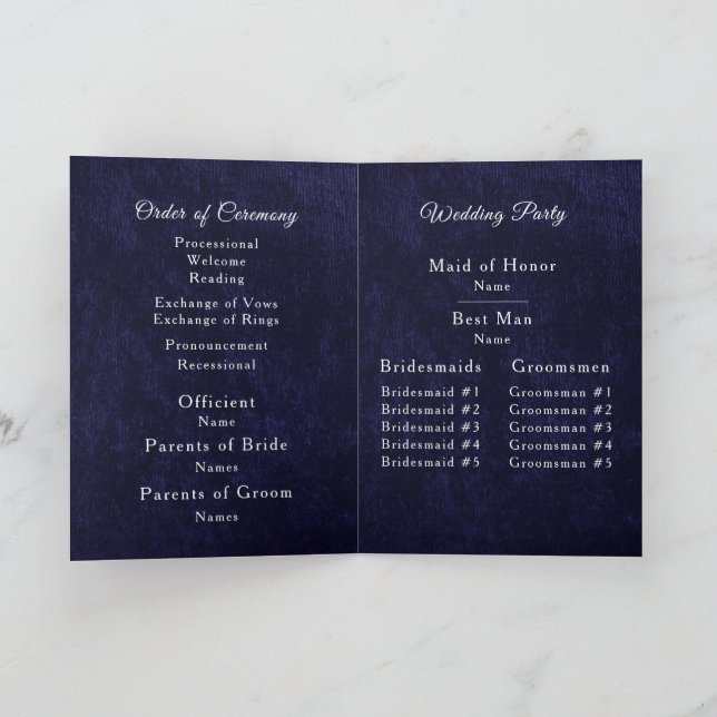 Navy Blau Samt Weiß Gefaltetes Hochzeitsprogramm Programm (Innenseite)