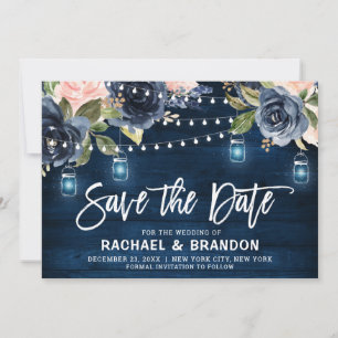 Navy Blau Schimmer Blumen Lichterkette Save-the-Da Save The Date
