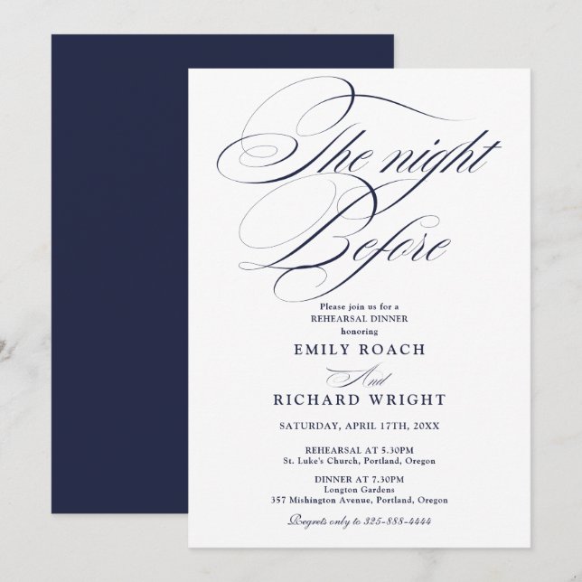 Navy Blau Script Die Nacht Vor Der Probe Dinner Einladung (Vorne/Hinten)