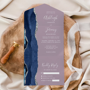 Navy Blau Silber Achat Mauve Hochzeit All In One Einladung