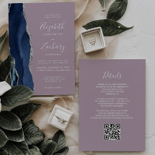 Navy Blau Silber Achat Mauve QR-Code Hochzeit Einladung