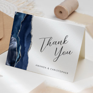 Navy Blau Silber Achat Schrift Hochzeits-Dankeschö Karte