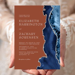 Navy Blau Silber Achat verbrannte Orange Hochzeit Einladung