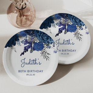 Navy Blau Silber Blumen 80. Geburtstagsfeier Pappteller